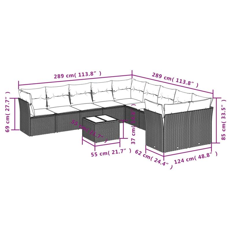 vidaXL 11 Piece Patio Sofa Set with Cushions Black Poly Rattan - 135.6x27.2x92.2
