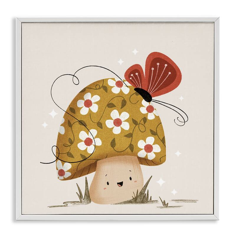 Stupell Happy Mushroom & Butterfly Framed Giclee Art Design By Sarah Hickman - 17 x 17 - White