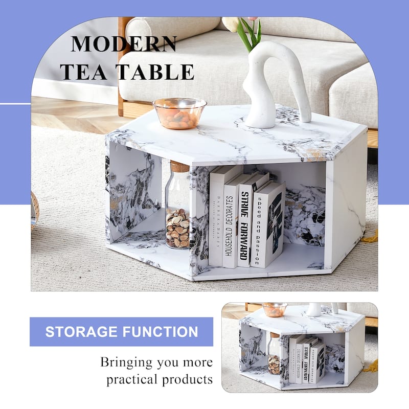 Hexagonal Coffee Table with Open Storage Space Multifunctional Wooden Side Table Small Apartment Center Table