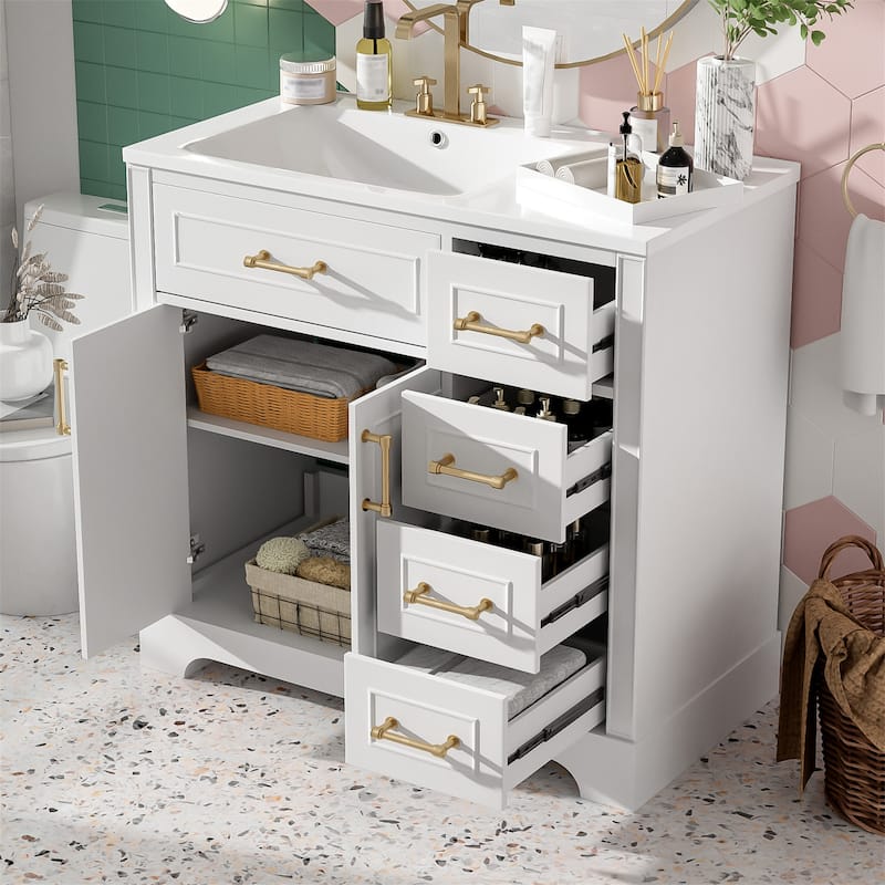 36"Bathroom Vanity w/ Ceramic Sink,Soft Closing Doors,Adjustable Shelf