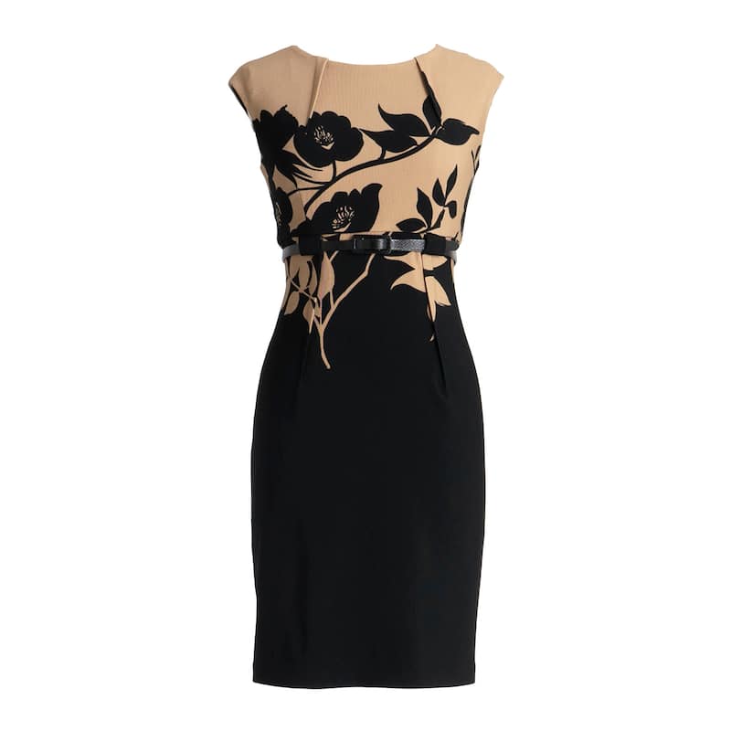 Connected Apparel Cap Sleeve Printed Mid-Length Dress - Black/Gold - 6