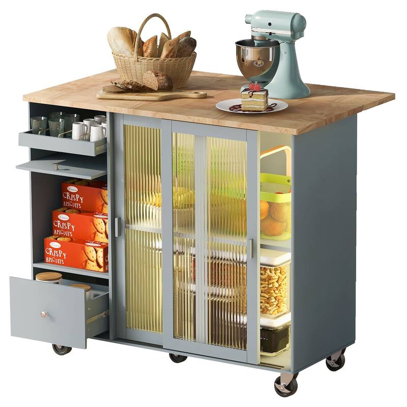 Rolling Kitchen Cart with LED Light, Fluted Glass Doors, Drop Leaf Top, and Adjustable Storage (White)