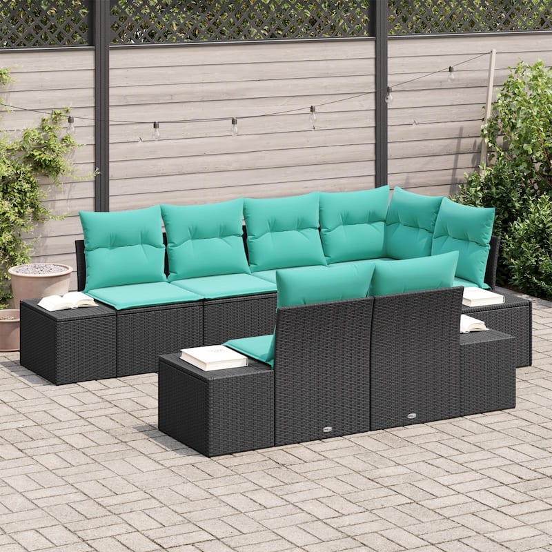 vidaXL 7 Garden Sofa Set with Cushions Black Poly Rattan - 103.9 x 60.6 x 27.2