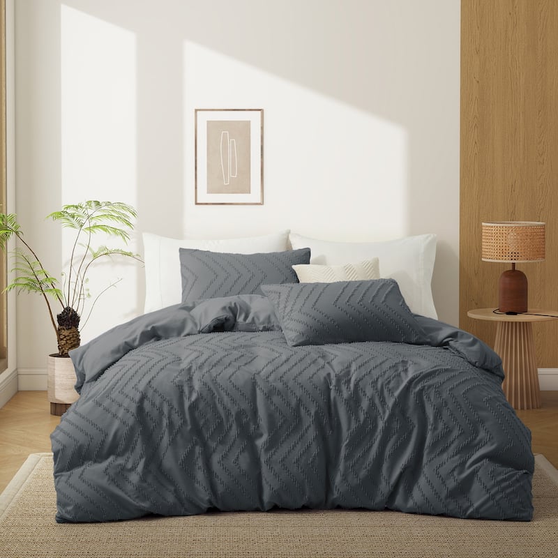 3 Piece Tufted Clipped Jacquard Geometric Oversized Duvet Cover Set - Twin - Wave/Dark Gray