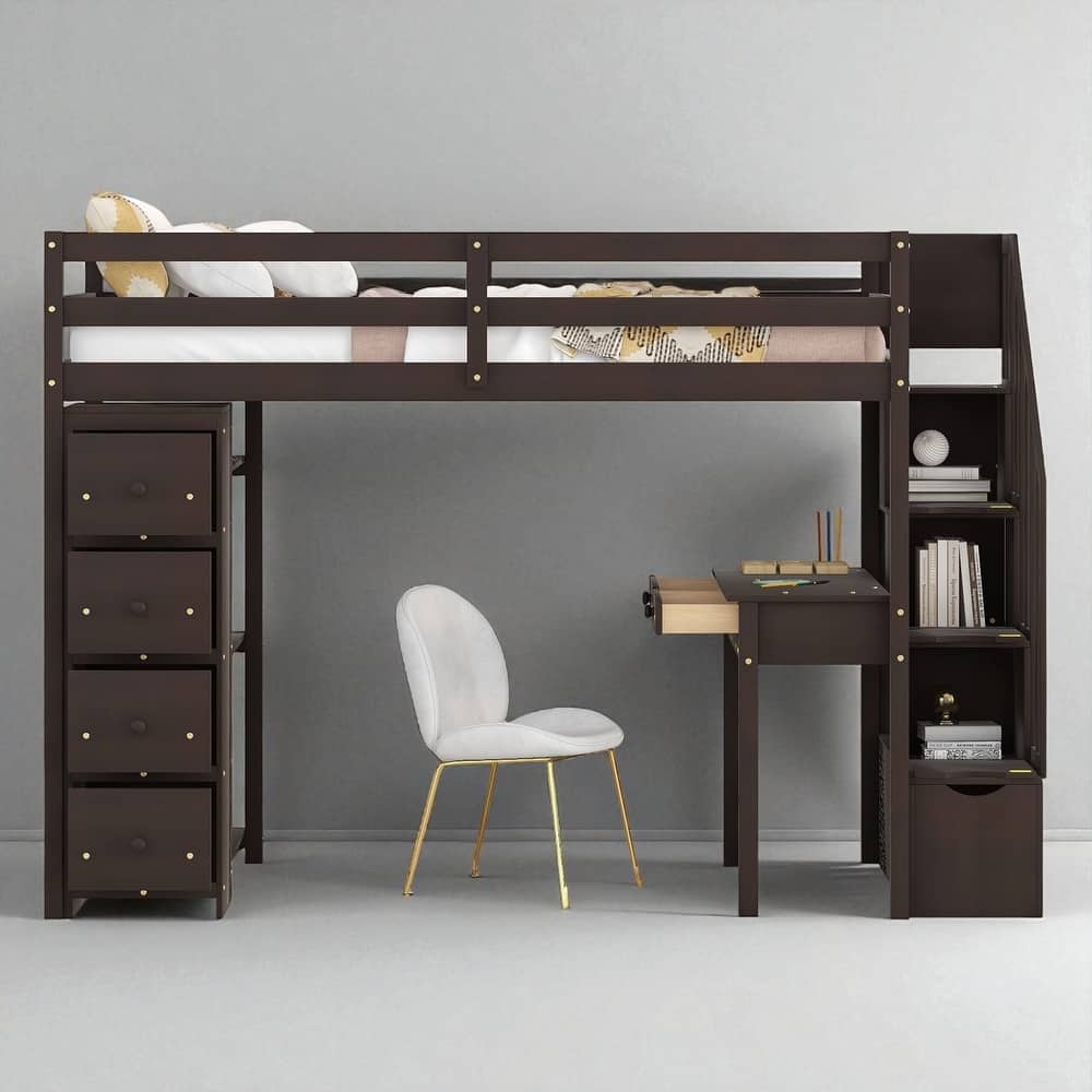 Twin Size Loft Bed with Desk, Storage Drawers, Shelves & Stairs, Wooden Frame for Kids & Teens