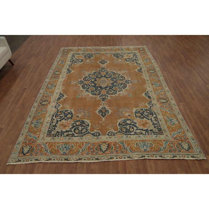 Hand Knotted Oriental 100% Wool Carpet Traditional Medallion Oranges & Rust Tabriz Area Rug - 10' 11'' X 7' 10''