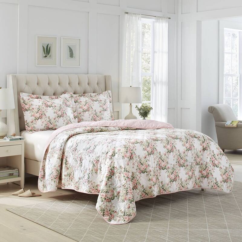 Twin Floral Quilt Set Reversible Natural Breathable White Pink Bed Bath & Beyond 39050511