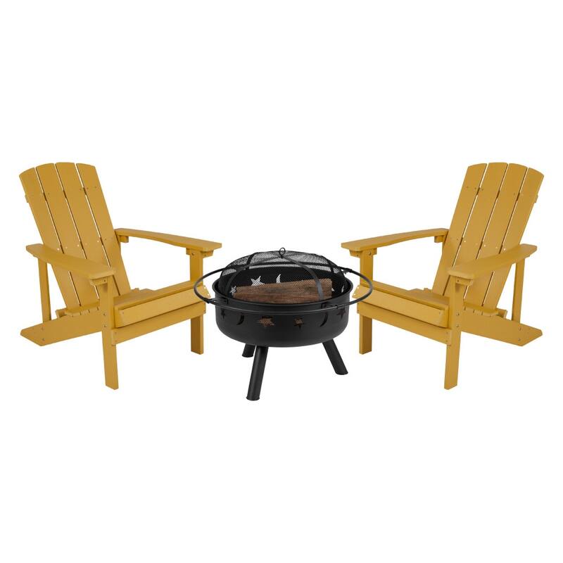 Star and Moon Fire Pit with Mesh Cover & 2 Poly Resin Adirondack Chairs