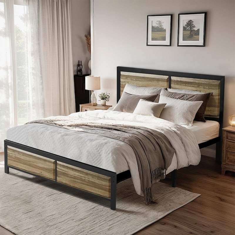 VECELO Platform Bed Frame with Wooden Headboard, Heavy Duty Steel Slats Support, No Box Spring Needed