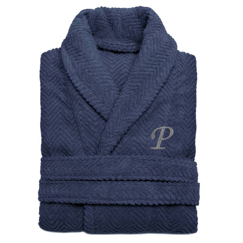 Authentic Hotel and Spa Midnight Blue with Grey Monogrammed Herringbone Weave Turkish Cotton Unisex Bath Robe - S/M - P
