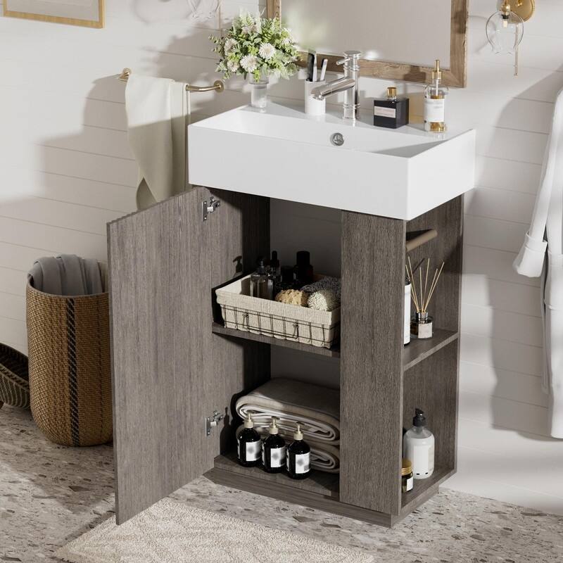 21.6" Bathroom Vanity with Ceramic Sink, Freestanding Modern Wood Grain Cabinet with Open & Closed Storage