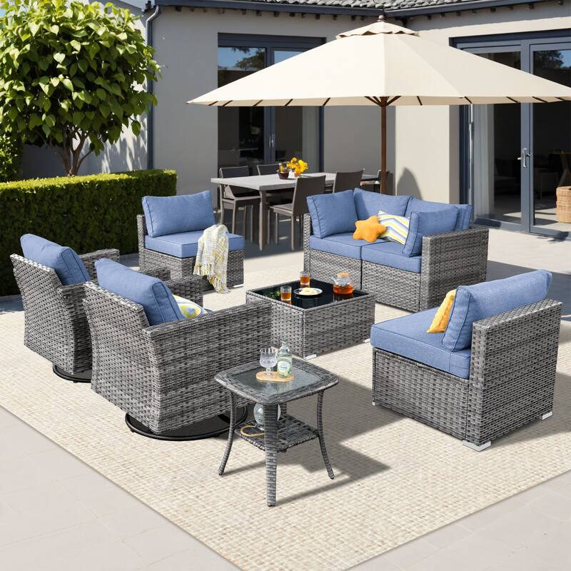 XIZZI 8-piece Patio Wicker Furniture Set with Swivel Chair - Denim Blue