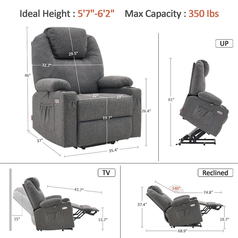 MCombo Large Power Lift Recliner Chair with Massage, Cup Holders, Extended Footrest, Fabric 7516