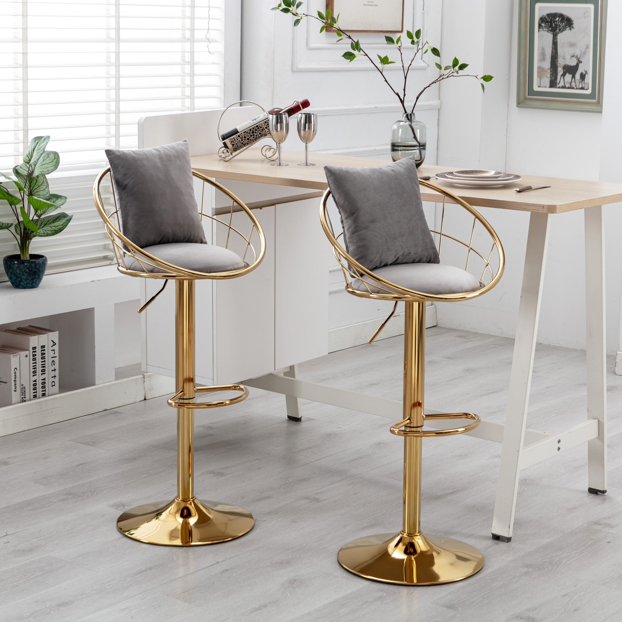 Grey Rotating Bar Stools Kitchen Island Bar Stools Velvet Bar Chair with Adjustable Height for Bar Set of 2