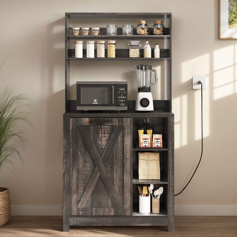 Moasis 6-Tier Bakers Rack Cabinet with Microwave Stand and Trash Can Bin, Coffee Bar Table Station with Power Outlets
