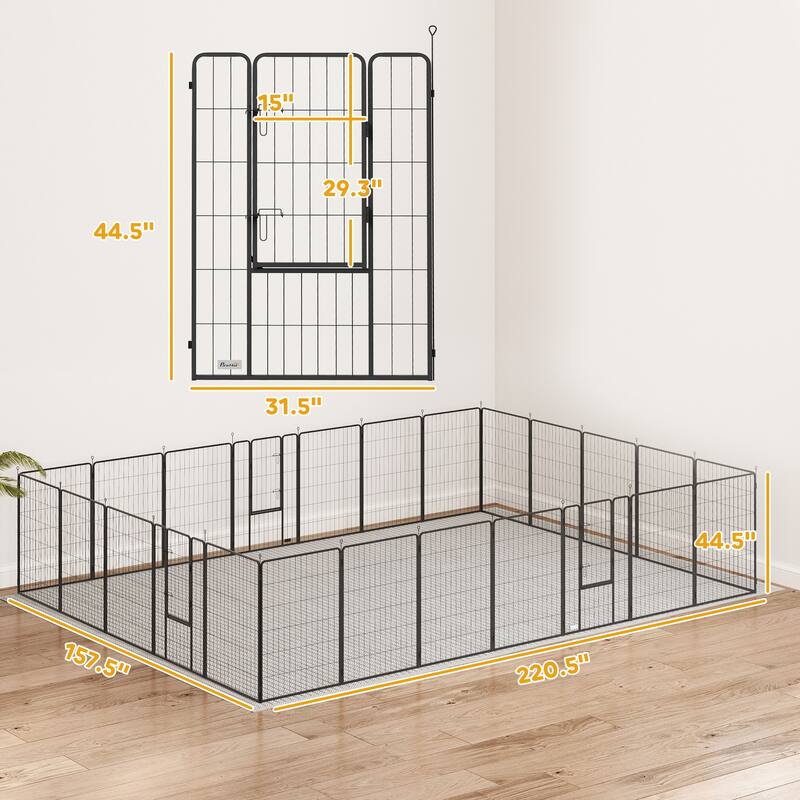 Black Steel 24-Panel Adjustable Pet Playpen with Doors and Ground Stakes - 220.5" L x 157.5" W x 44.5" H