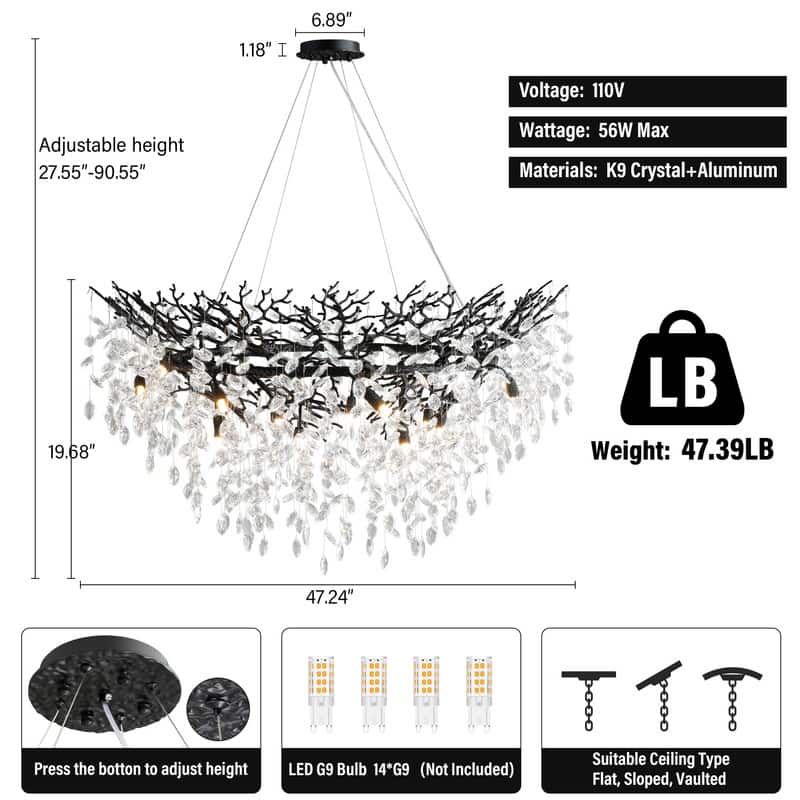 Modern Round Branch Crystal Chandelier, 600-1200mm Diameter, Marquise Cut Crystal Pendant Light