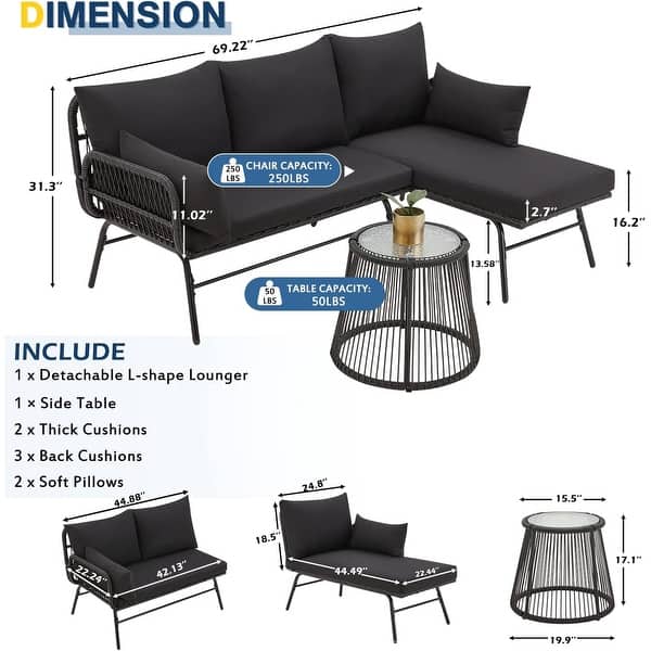 dimension image slide 2 of 8, EROMMY 3-Piece Patio Conversation Set with Glass Table & 2 Armchairs, Seat Cushions