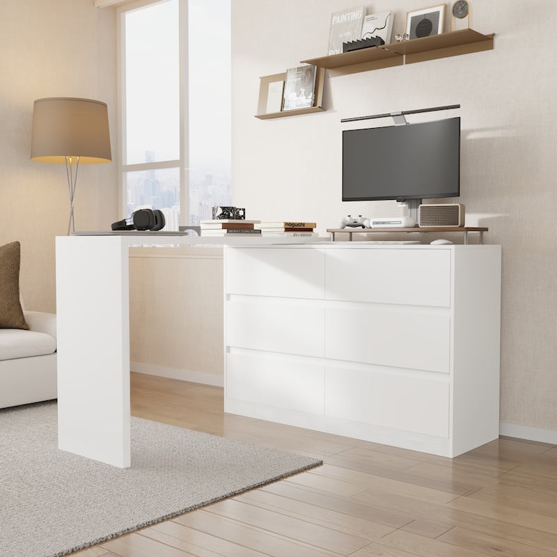 L-Shaped Desk with 6 Drawer Dresser, Extendable Adjustable Vanity Writing Table, Handleless Storage Cabinet