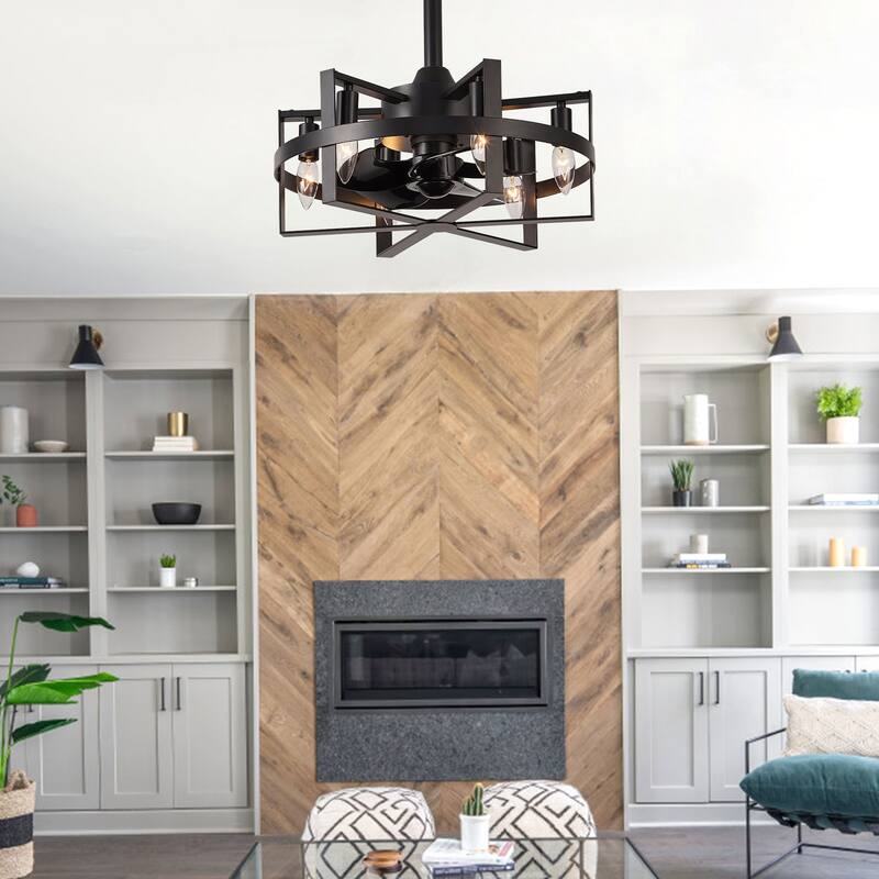 18" Industrial Metal Caged Ceiling Fan with Remote and Light Kit 6-speed Reverisble Chandelier - 17.7 Inch