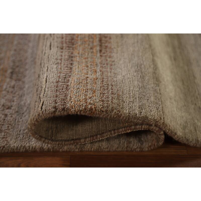 Hand Knotted Oriental 100% Wool Carpet Modern Stripe Greys & Charcoal Modern Runner Rug - 13' 3'' X 2' 7''