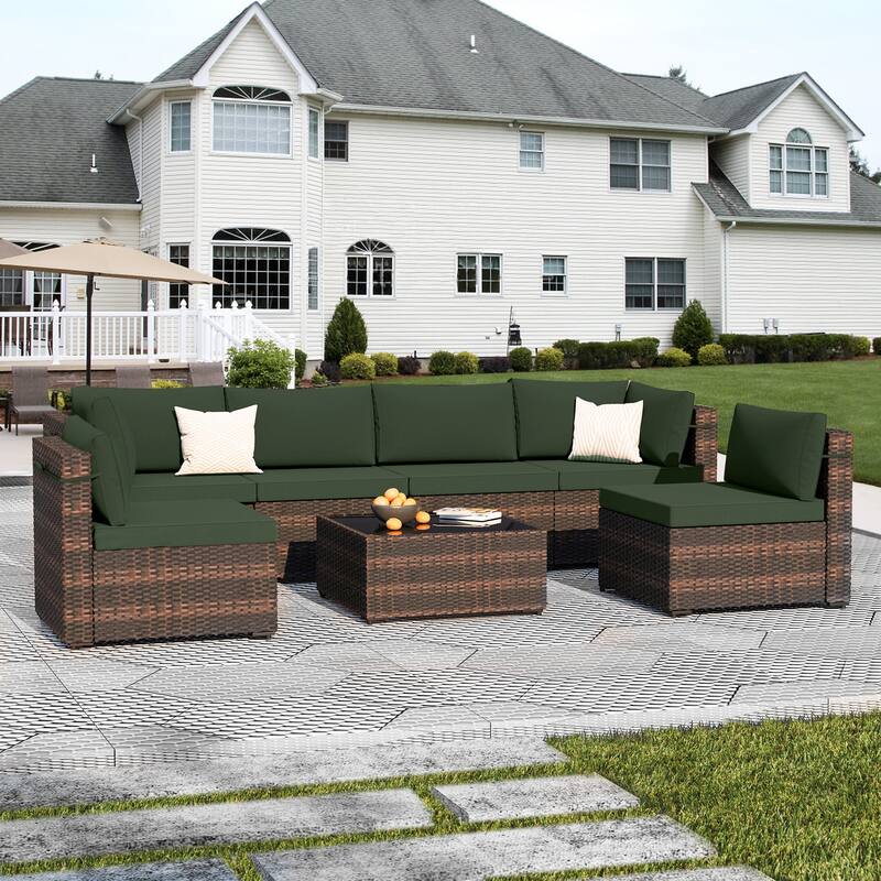 UPHA 7-piece Outdoor Rattan Wicker Patio Furniture Conversation Set with Coffee Table and Cushions
