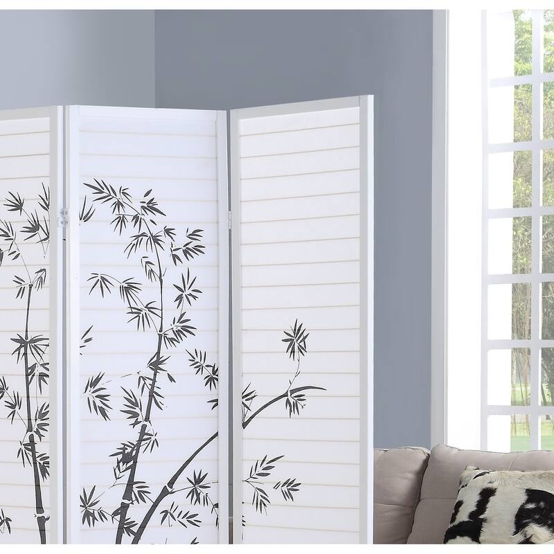 Bamboo Print 4-Panel Framed Room Screen/Divider, Screen Wall Divider for Room Separation Freestanding Partition Separators,White