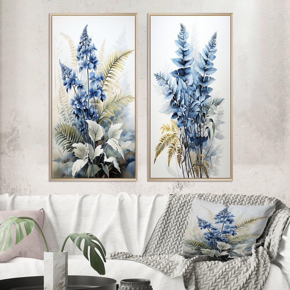 Designart "Ferns Sapphire Illumination" Ferns Framed Wall Art Set Of 2 - Blue Canvas Set For Living Room Decor