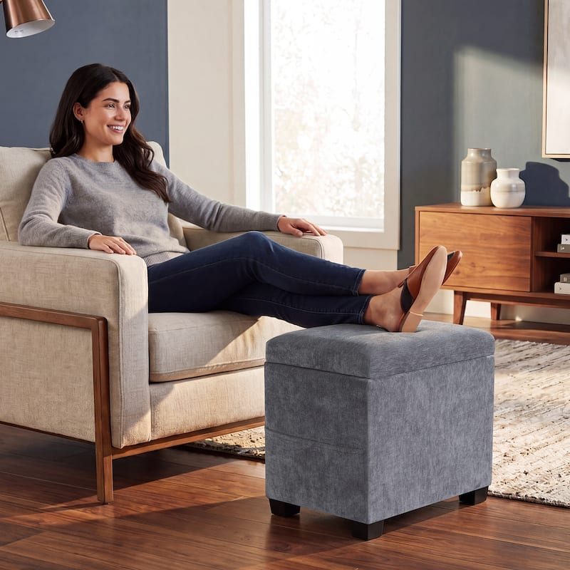 Adeco 16" W Upholstered Rectangle Storage Ottoman with Tray and Pocket