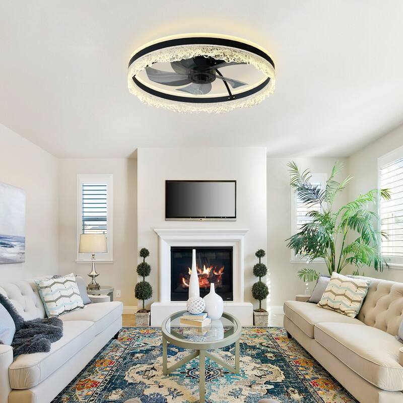 Smart Silent LED Ceiling Fan with Light Crystal Flush Mount, Hidden Blades