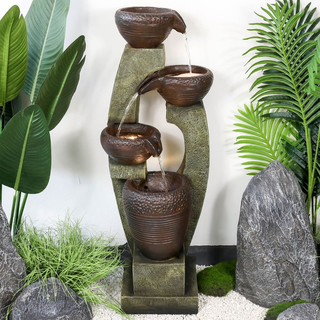 Outdoor Water Fountain with Light, 40'' Resin Water Feature