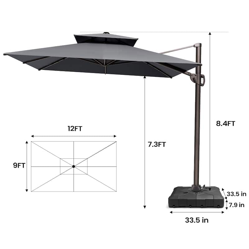9 FT x 12 FT Outdoor Patio Dual Top Umbrella Cantilever Offset with Base