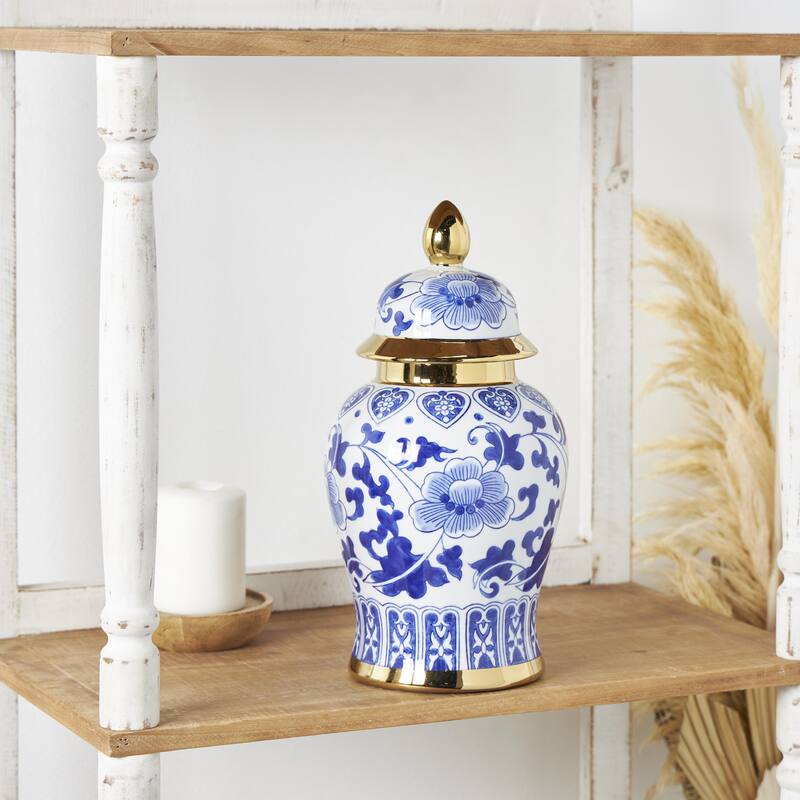 Ceramic Floral Living Room Decorative Jars with Cream and Gold Accents - Blue - Roche River Decor
