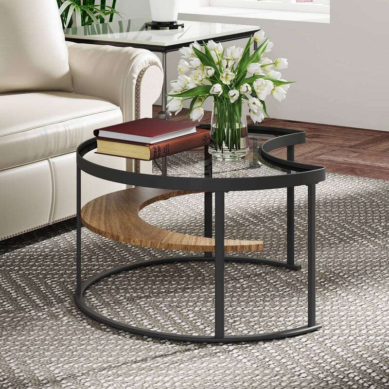 Minimalist Modern Moon-Shaped Coffee Table with Tempered Glass Top and Open Storage Shelf - Black