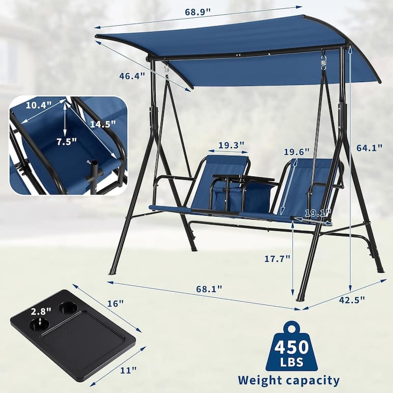 2 Person Porch Swing with Cup Holders with Adjustable Canopy for Backyard Balcony Poolside