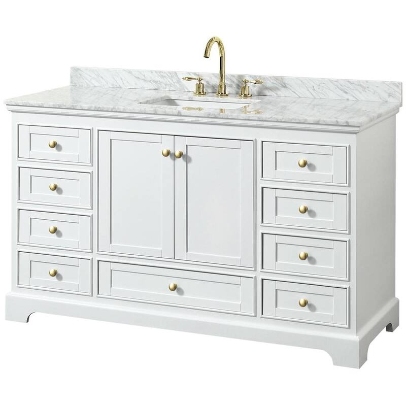 Wyndham Collection Deborah 60" Free Standing Single Vanity Set with - White / White Carrara Marble Top / Brushed Gold - Painted