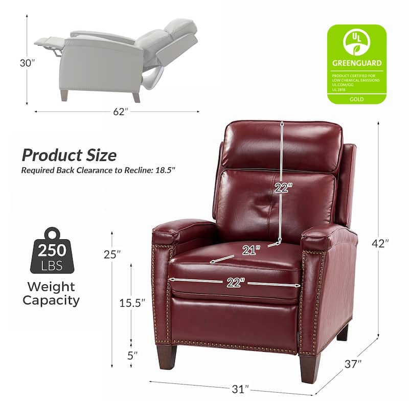 Gaspar Mid-Century Modern Genuine Leather Pushback Recliner with Wood legs Set of 2 by HULALA HOME