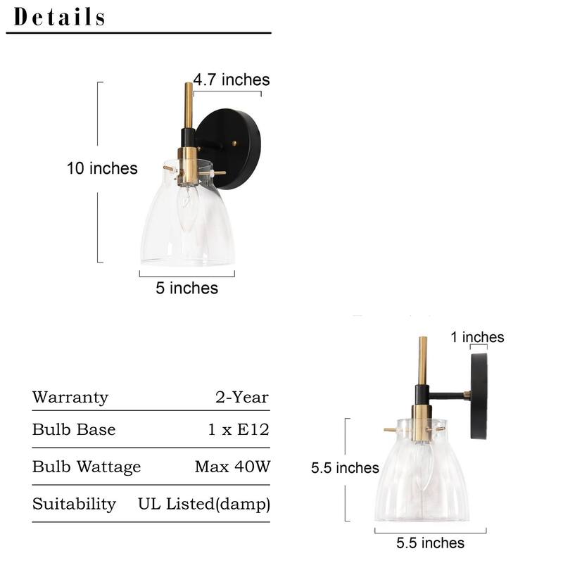 Modern 1-Light Glass Black Gold Wall Sconce Dimmable Bathroom Vanity Lights