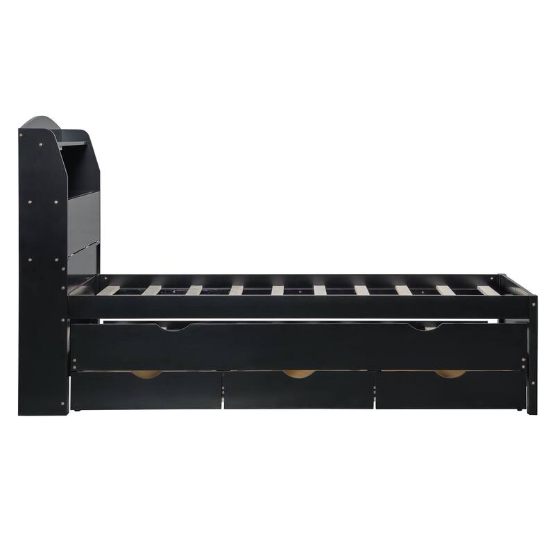 Twin Size Platform Bed with Bookcase Headboard & USB Ports Outlets, Wooden Storage LED Bed Frame with Trundle & Storage Drawers