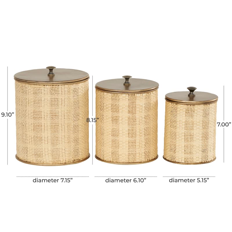 Beige Metal Handmade Woven Living Room Decorative Jars with Bronze Metal Lids (Set of 3)