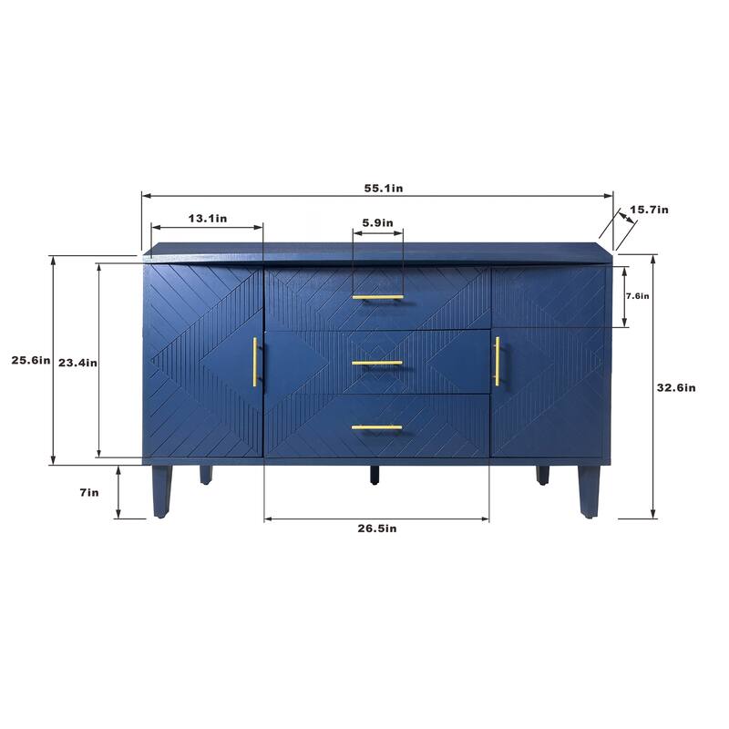 2-Doors Carved Effect Sideboard with 3 Drawers and Adjustable Shelf