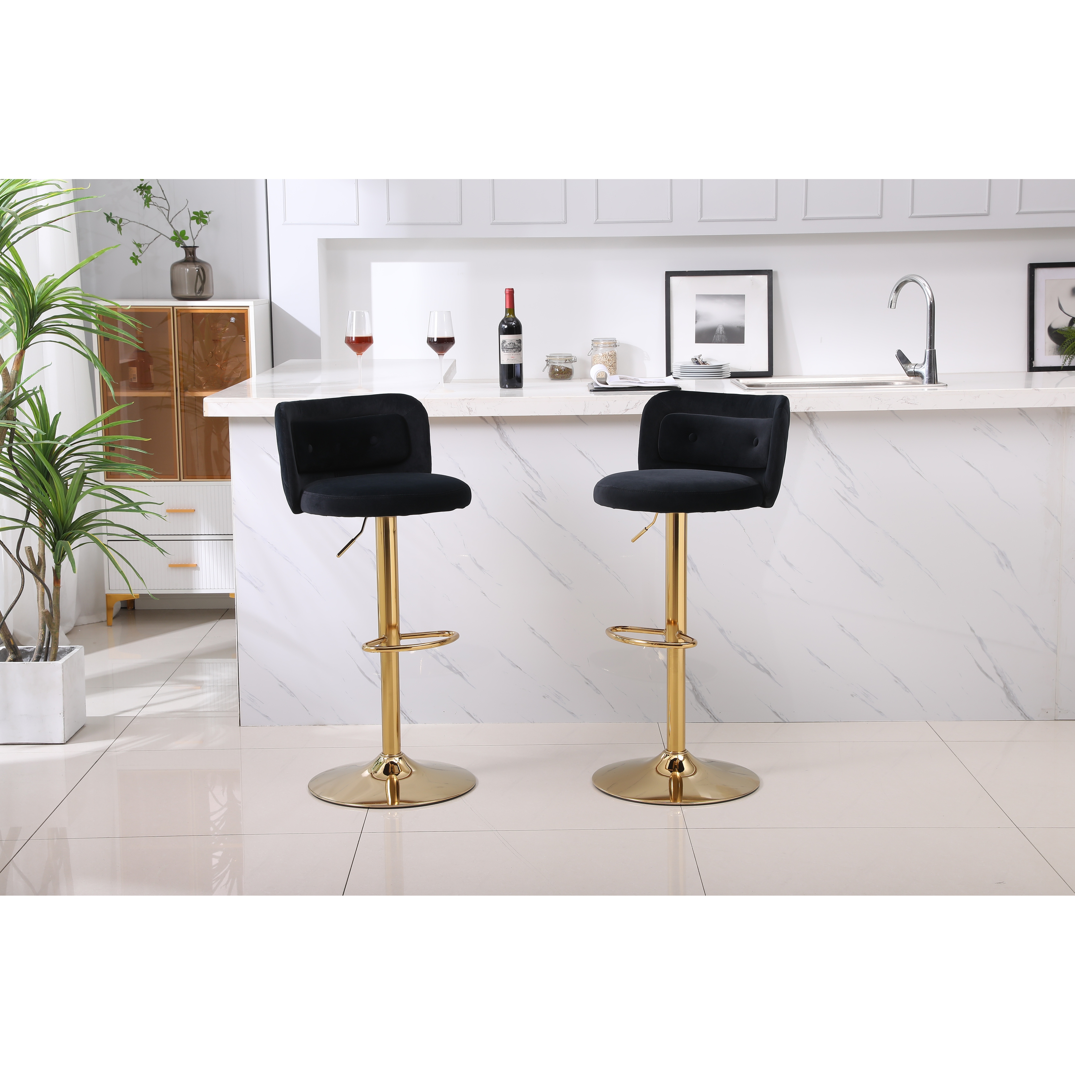 Velvet Swivel Bar Stool Adjustable Tufted Counter Bar Chairs W