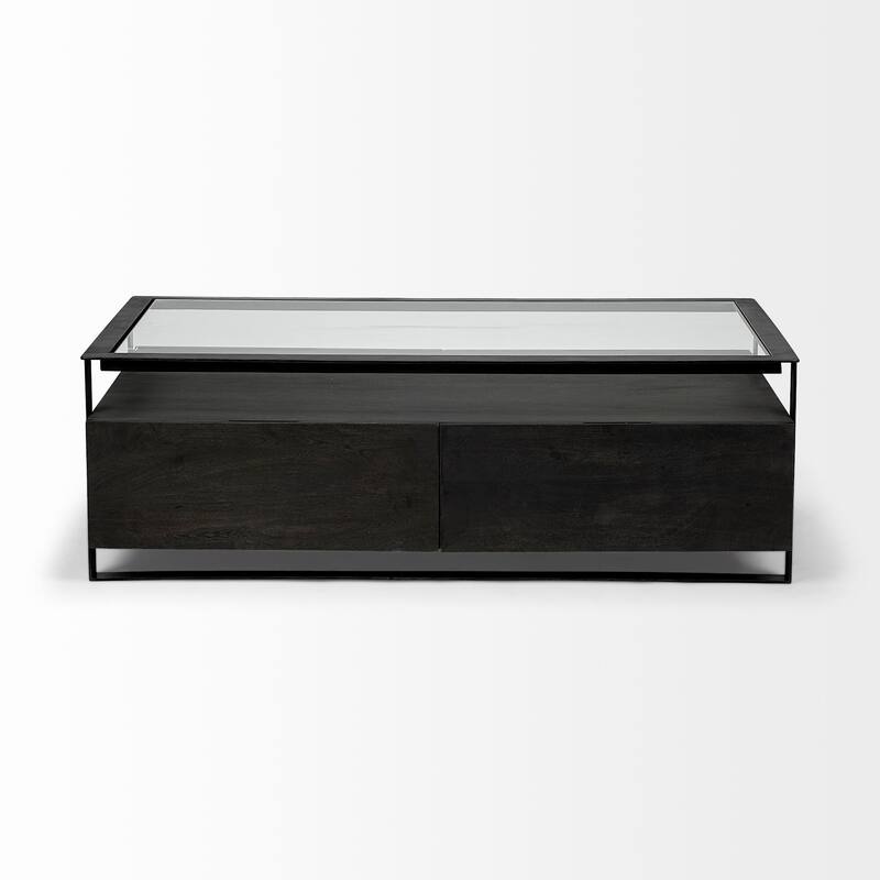 HomeRoots30" Clear And Black Glass Rectangular Coffee Table With Four Drawers And Shelf - 30
