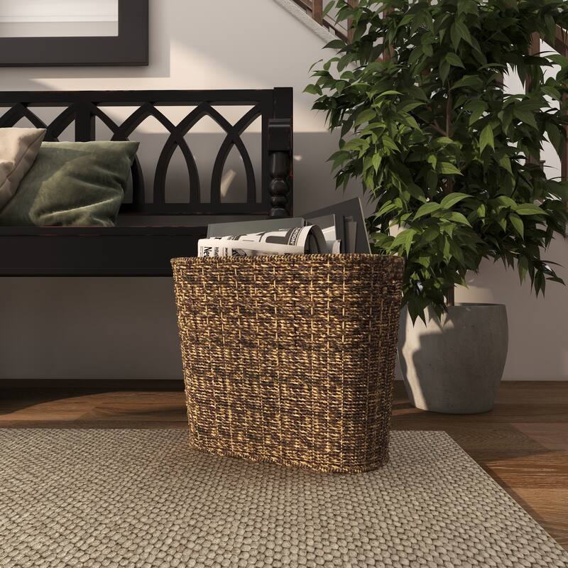 Brown Seagrass Handmade Woven Single Slot Magazine Holder with Light Brown Accents