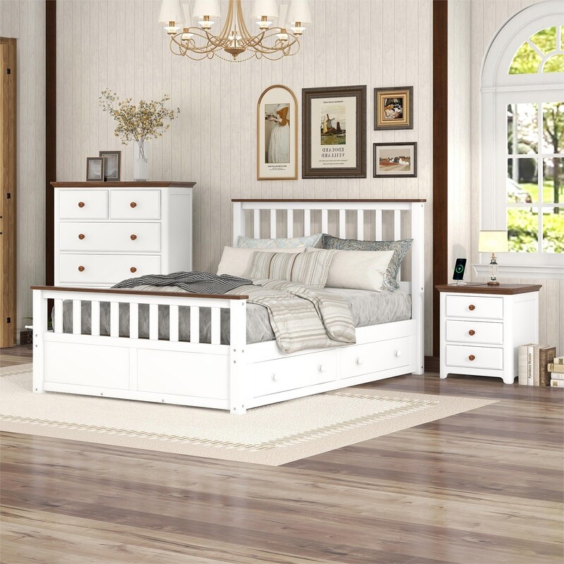 3 Pieces Bedroom Sets Full Size Platform Bed with Nightstand Chest