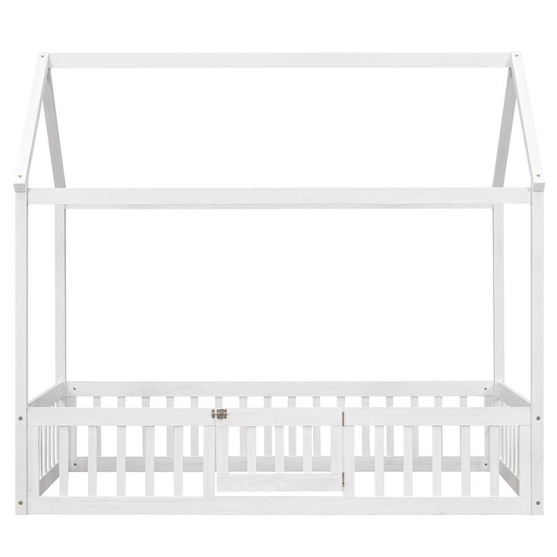 Pine Wood House Bed with Fence, Door, and Solid Construction