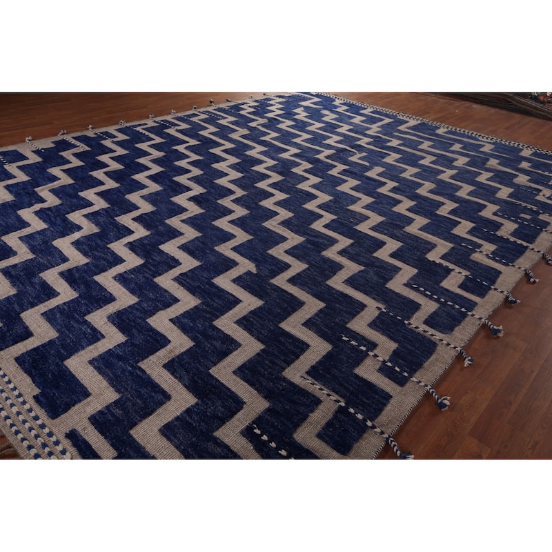 Blue Geometric Moroccan Modern Large Area Rug Hand-Knotted Wool Carpet - 11'8"x 15'6"