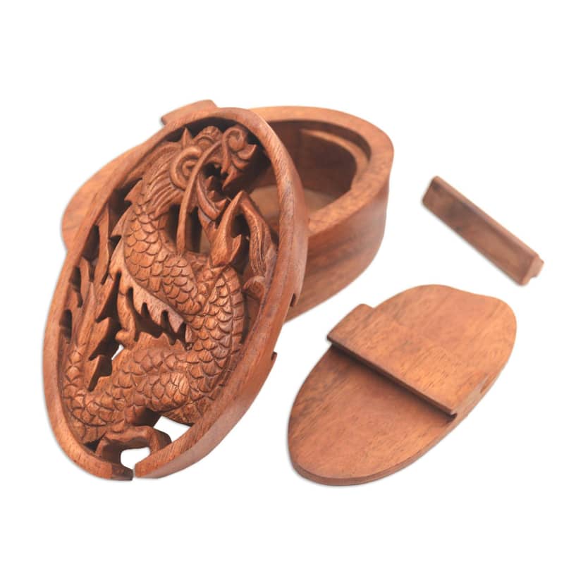 Novica Handmade Dragon Oval Wood Puzzle Box - 2.6" H x 3.1" W x 5.5" D