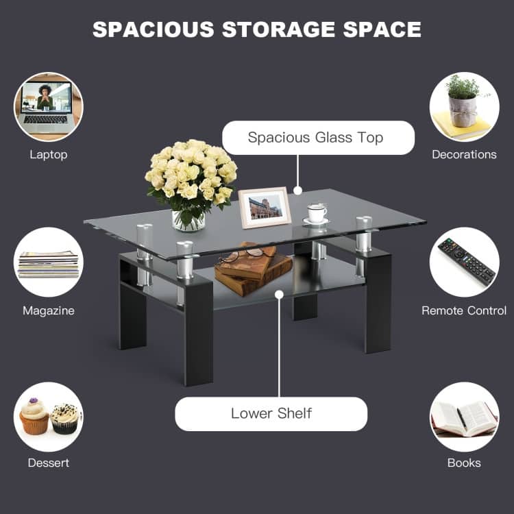 Rectangle Glass Table with Metal Legs for Living Room - 39" x 23.5" x 17.5"