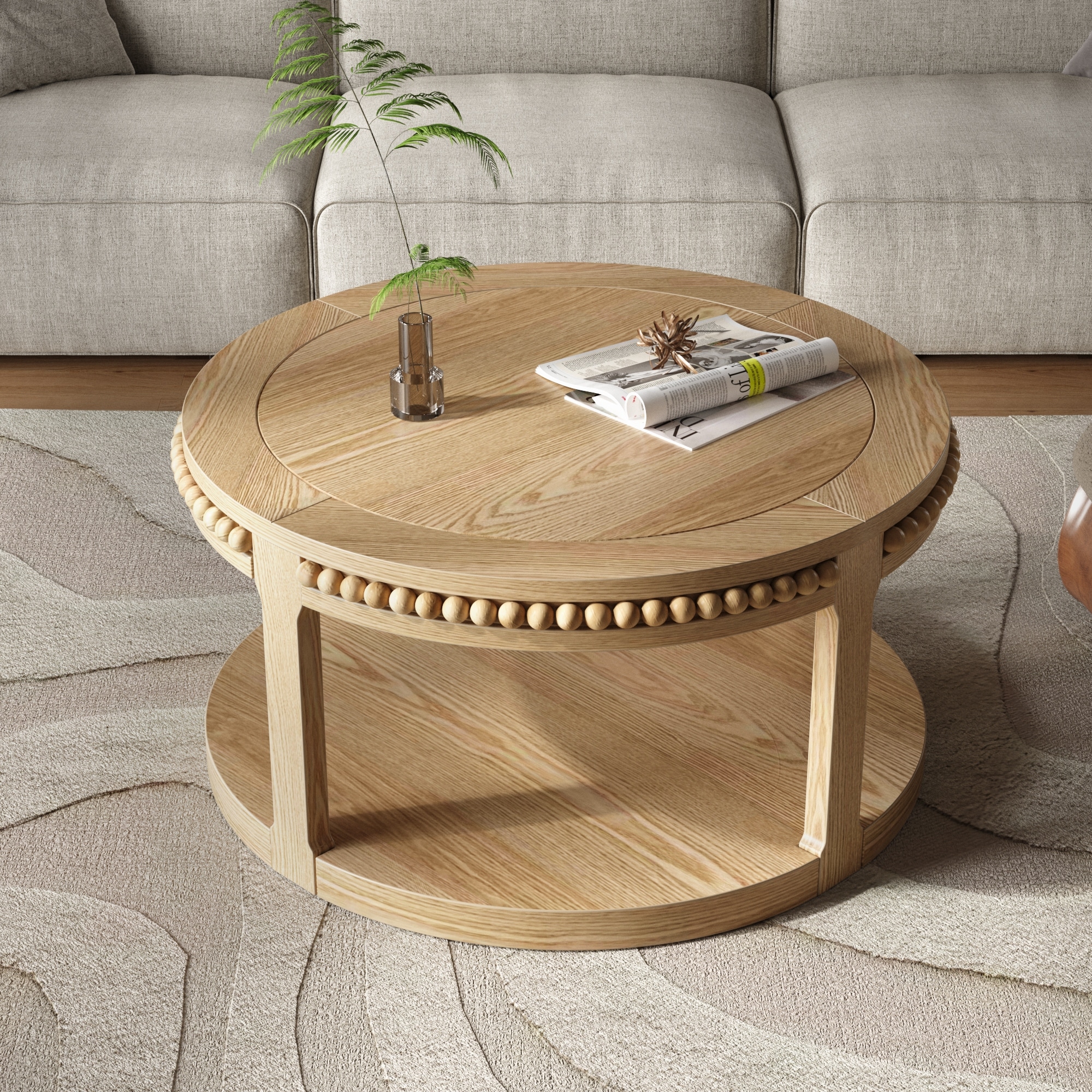 31.5 Inch Round Solid Wood Coffee Table & Sofa Table - Two-Tier Thickened Top, Sturdy Legs, Circle Table for Living Room